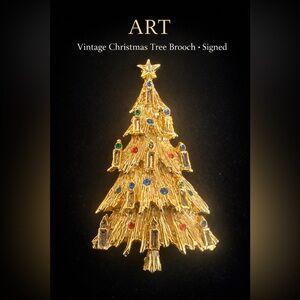 Gold Christmas Tree Brooch with Colorful Accents by ART